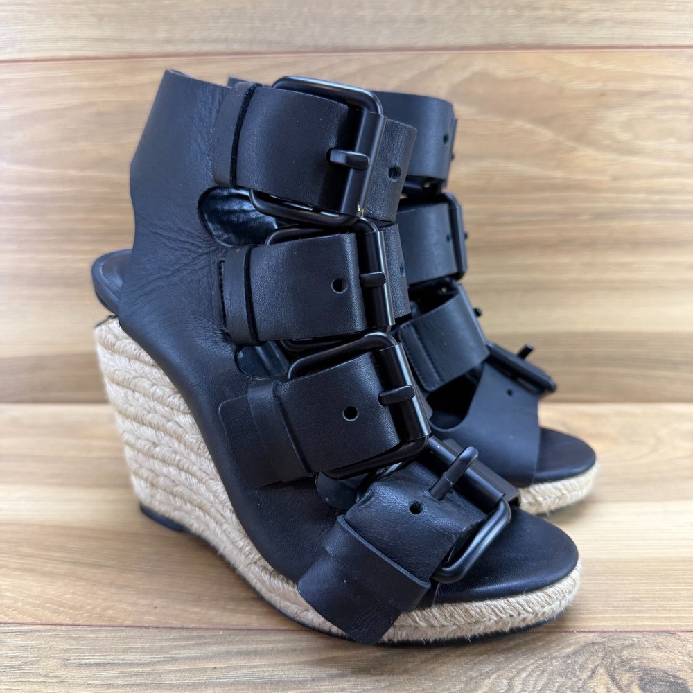 Alexander Wang Jo Espadrille Wedge Heels 5 EU 35 Black Leather Oversized Buckle